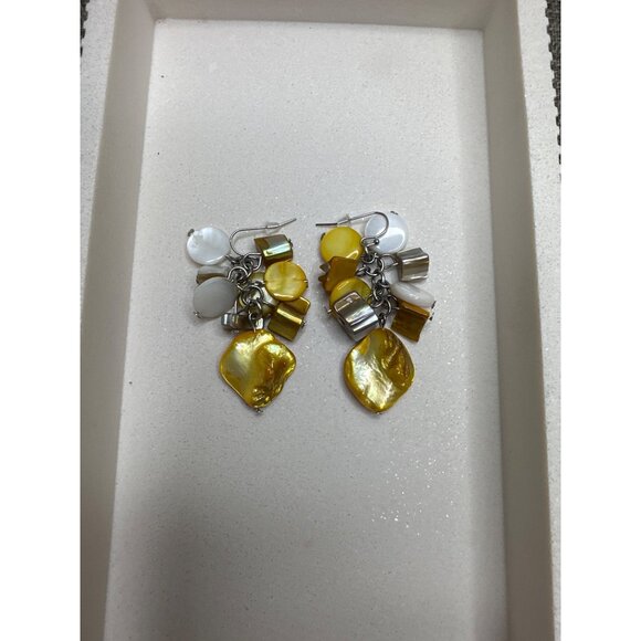 Yellow & White Iridescent Shell Drop Earrings With Bead Accents Womens Fashion - Picture 1 of 3